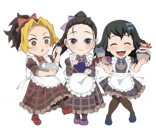 a drawing of three girls dressed as maids holding cupcakes and chocolates