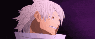 a close up of a person 's face with white hair and a purple background .