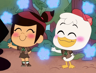 a girl and a duck are standing next to each other in a cartoon