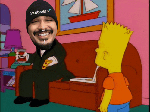 a man wearing a hat that says multivers is sitting on a couch with bart