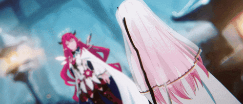 a girl with pink hair is standing next to another girl with white hair