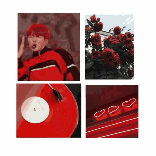 a man with red hair is playing a red record on a turntable