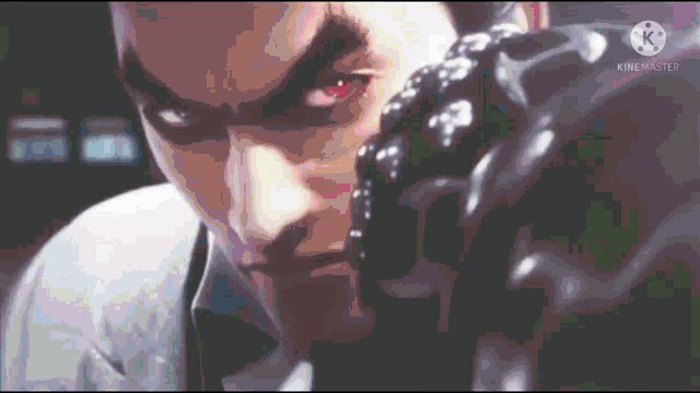 a close up of a person 's face with a monster 's hand behind it .
