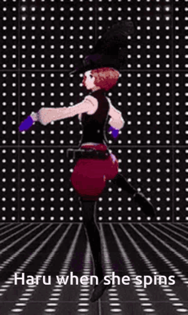 a woman is dancing in front of a wall of lights with the words haru when she spins below her