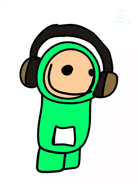 a green among us character wearing headphones and a microphone on a white background .