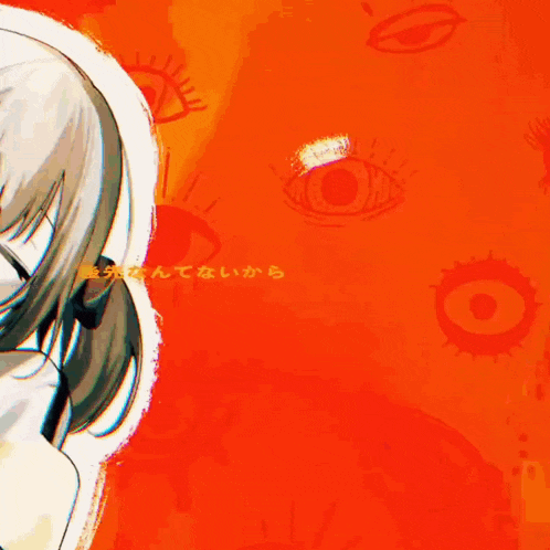 a drawing of a girl with her eyes closed on a red background