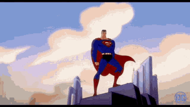 a cartoon of superman standing on top of a building with a dc logo in the corner