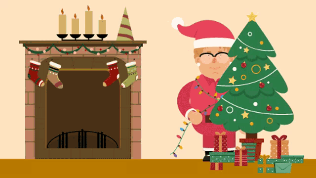a cartoon illustration of a man decorating a christmas tree