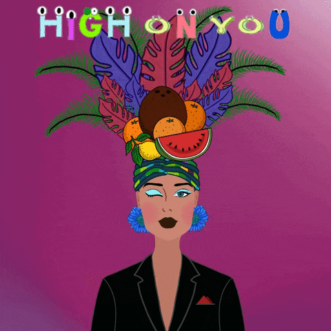an illustration of a woman with fruit on her head and the words high on you below her