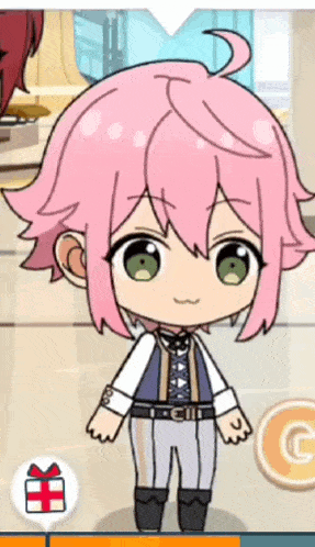 a cartoon character with pink hair is wearing a blue vest