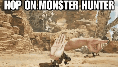 a video game character is pointing at something in the desert with the words `` hop on monster hunter '' above him .