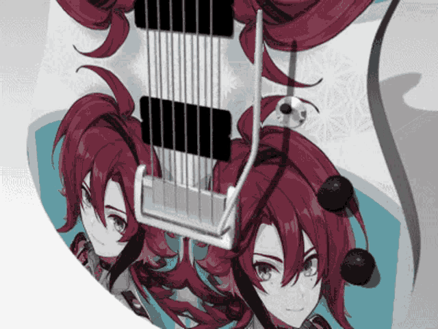 a close up of a guitar with a girl with red hair on it