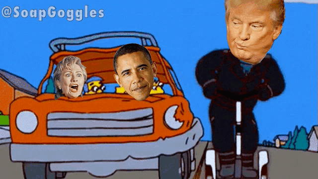 a cartoon of barack obama and hillary clinton driving an orange car