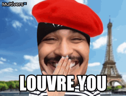 a man wearing a red beret is laughing with the words louvre you above him