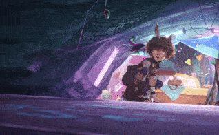 a cartoon character with bunny ears is standing in a cave