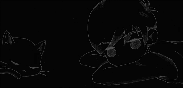 a black and white drawing of a boy laying down next to a cat .
