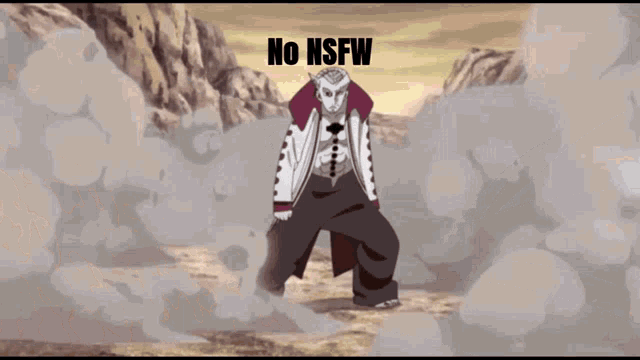 a cartoon character is standing in the middle of a desert with the words no nsfw written on the bottom .