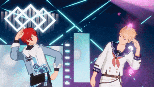 two anime characters are standing next to each other