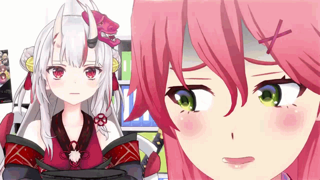 a girl with white hair and pink hair has a cross on her head