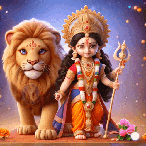 a lion and a girl with a crown on their head