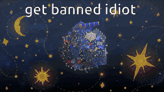 a cartoon clown is flying through space with the words get banned idiot above him
