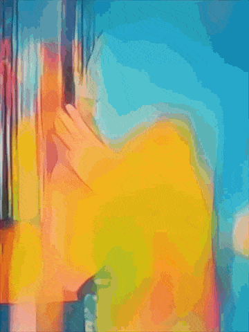 a painting of a woman with a rainbow of colors behind her