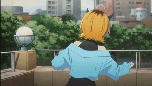 a girl with yellow hair is wearing a blue jacket and black top
