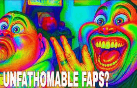 a colorful painting of a man with a ring on his finger and the words `` unfathomable faps '' .