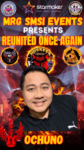 a poster for mrg smsi events presents reunited once again featuring ochuno
