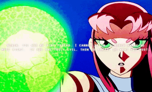 a pixelated image of a girl with a green sphere in the background