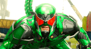 a man in a green and black superhero costume with red eyes