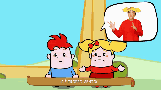 a cartoon of a boy and a girl with the words c ' e troppo ventoi written below them