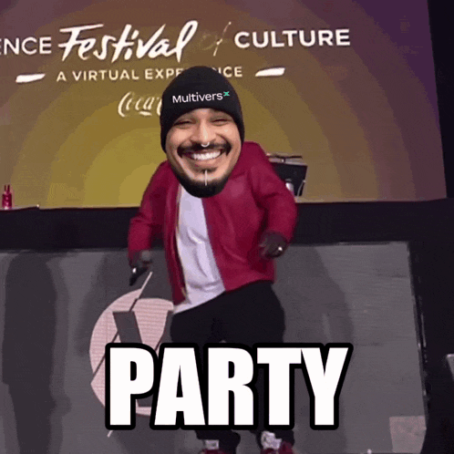 a man dancing in front of a sign that says party