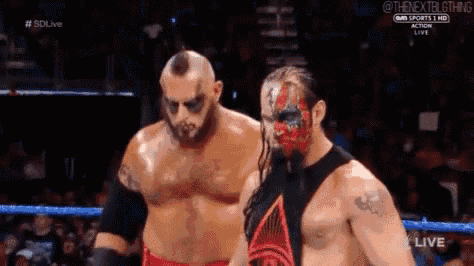 a couple of wrestlers are standing next to each other in a ring .