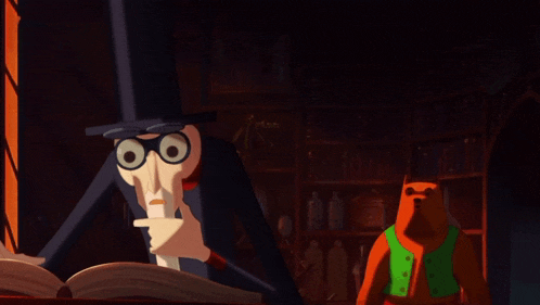 a man in a top hat is reading a book while another man looks on