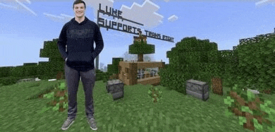 a man in a hoodie is standing in a field in a minecraft world .