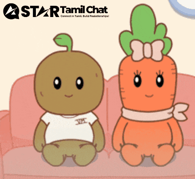 a couple of cartoon characters sitting next to each other with a star tamil chat logo in the background