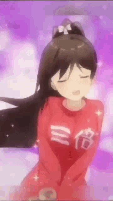a girl with long hair is wearing a red sweater with the number 3 on it