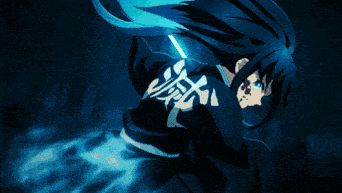 a person with long blue hair is holding a blue sword