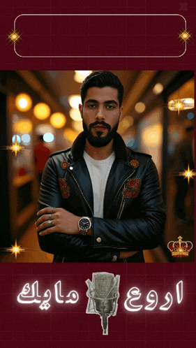 a man with a beard is standing with his arms crossed in front of a microphone with arabic writing on it