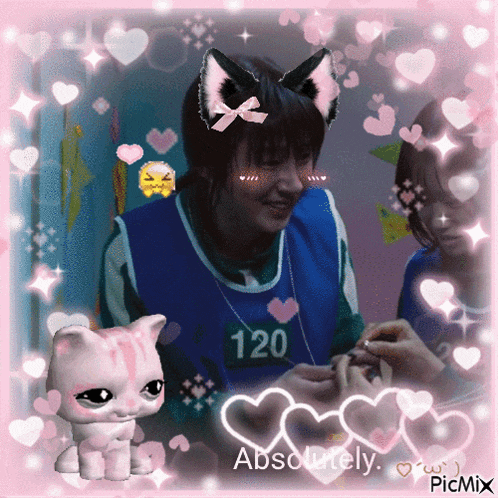 a picture of a girl wearing a cat ear headband and the number 120