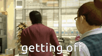 a man and a woman are walking in an office with the words getting off written on the bottom