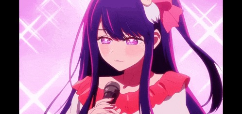 a girl with purple hair is singing into a microphone .