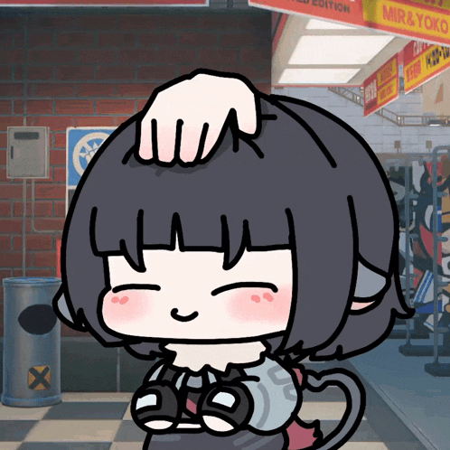a cartoon drawing of a girl with a hand on her head in front of a mir & yoko sign