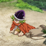 a cartoon character is sitting on the ground wearing a purple hat