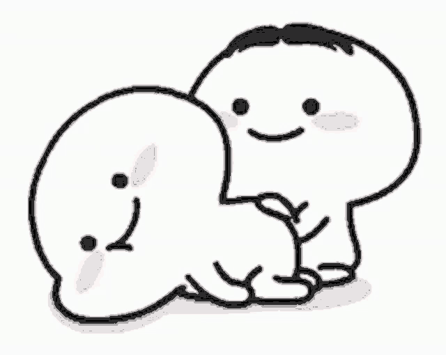 a couple of cartoon characters sitting next to each other with a smile on their faces .