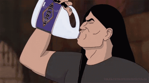 a cartoon of a man drinking from a bleach bottle
