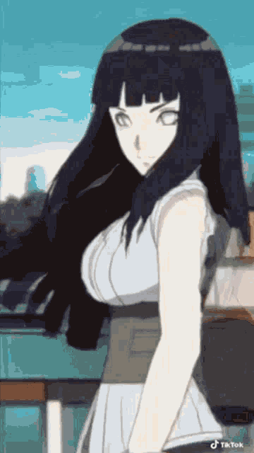 the girl is wearing a white dress and has black hair .