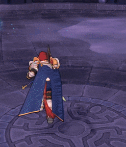 a video game screen shows a knight with a sword standing next to a man laying on the floor