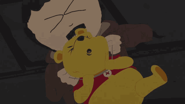 a cartoon of a man holding a teddy bear with a cross around its neck